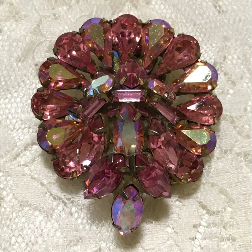 Vintage Pink Rhinestone Brooch Aurora Borealis Stones